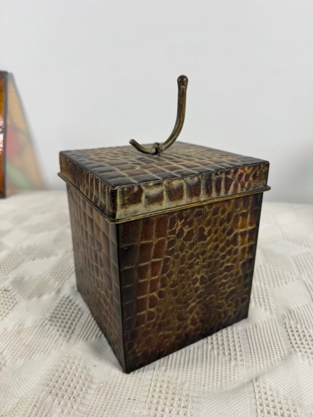 Alligator Textured Metal Storage Box With Lid and Decorative Handle Unique Decor